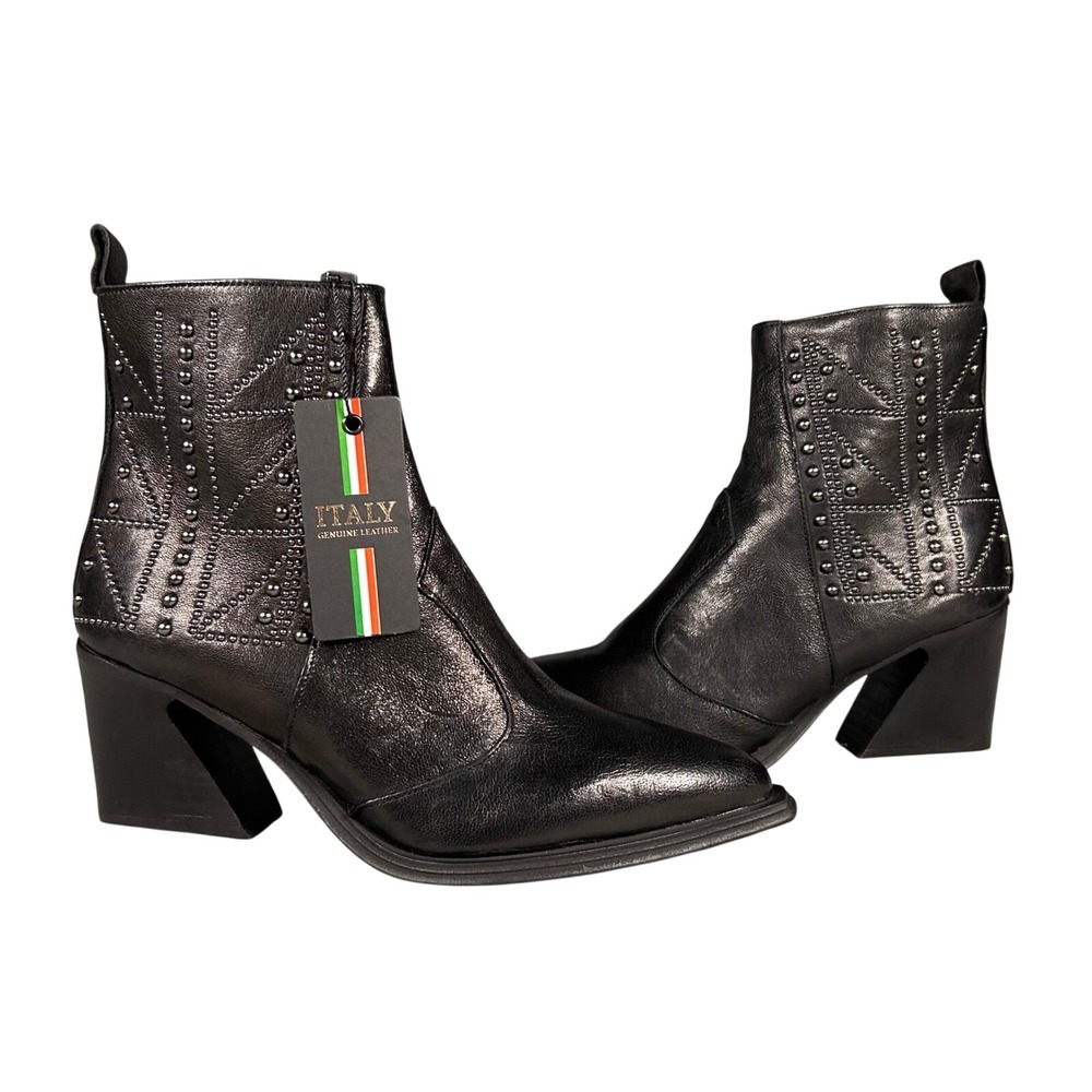 Emanuele Crasto Ankle Boots Heeled Black Leather Studded Pointed US 7.5 Italy